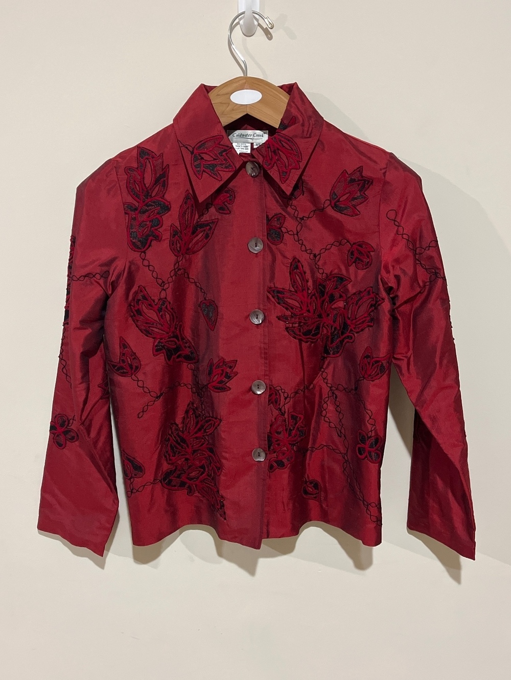Coldwater Creek Red Silk Blend Embroidered Button-Up Blouse XS